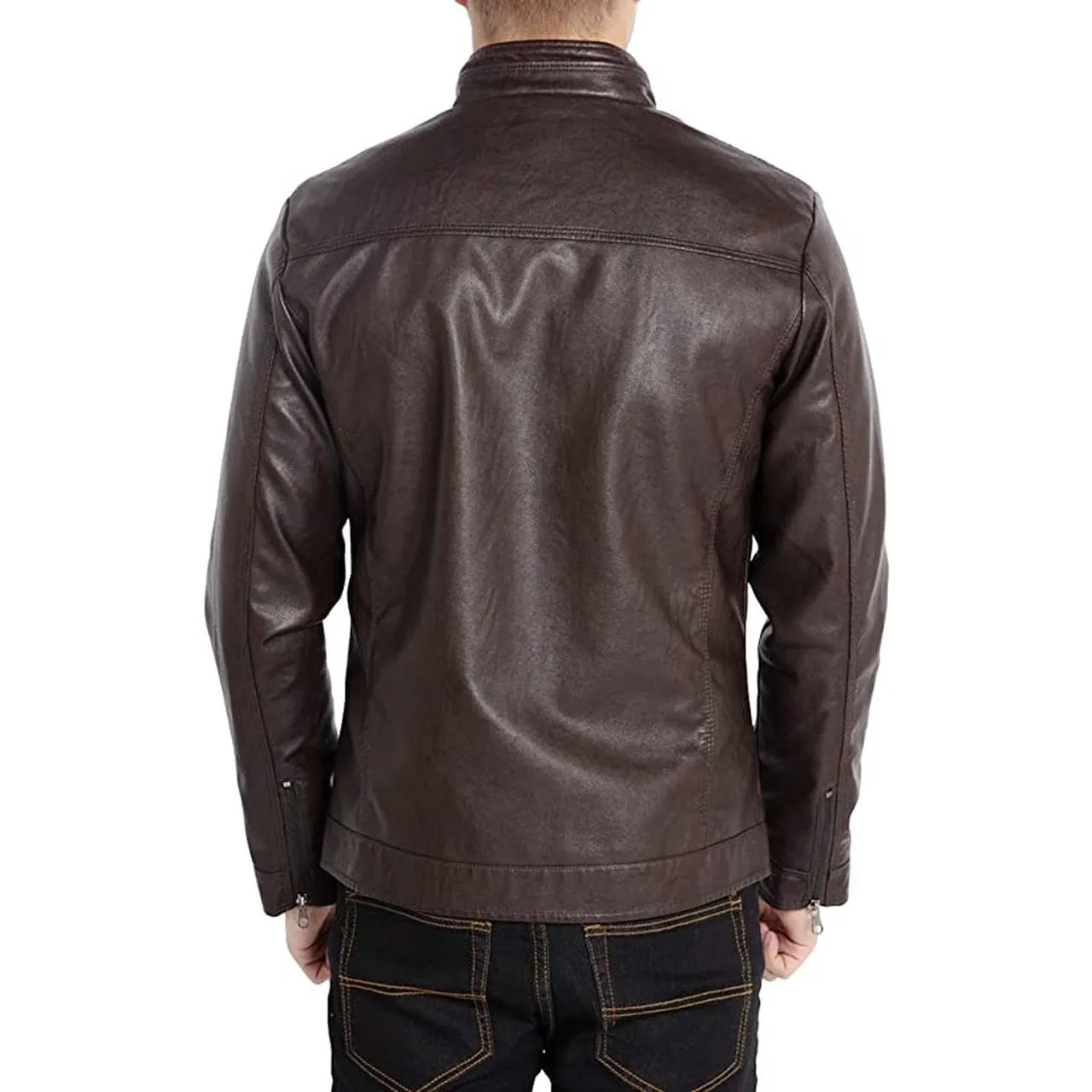 Men Stand Collar Leather Motorcycle Jacket Coffee