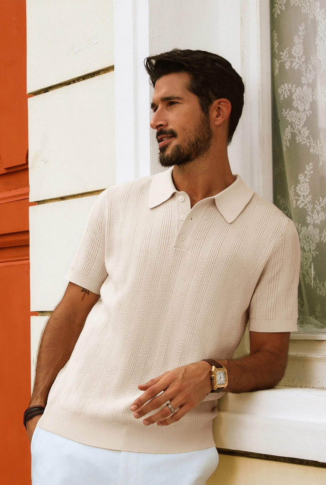 Men Textured Knitted Polo-Shirt Short Sleeve Lapel Collar Knitwear Tops