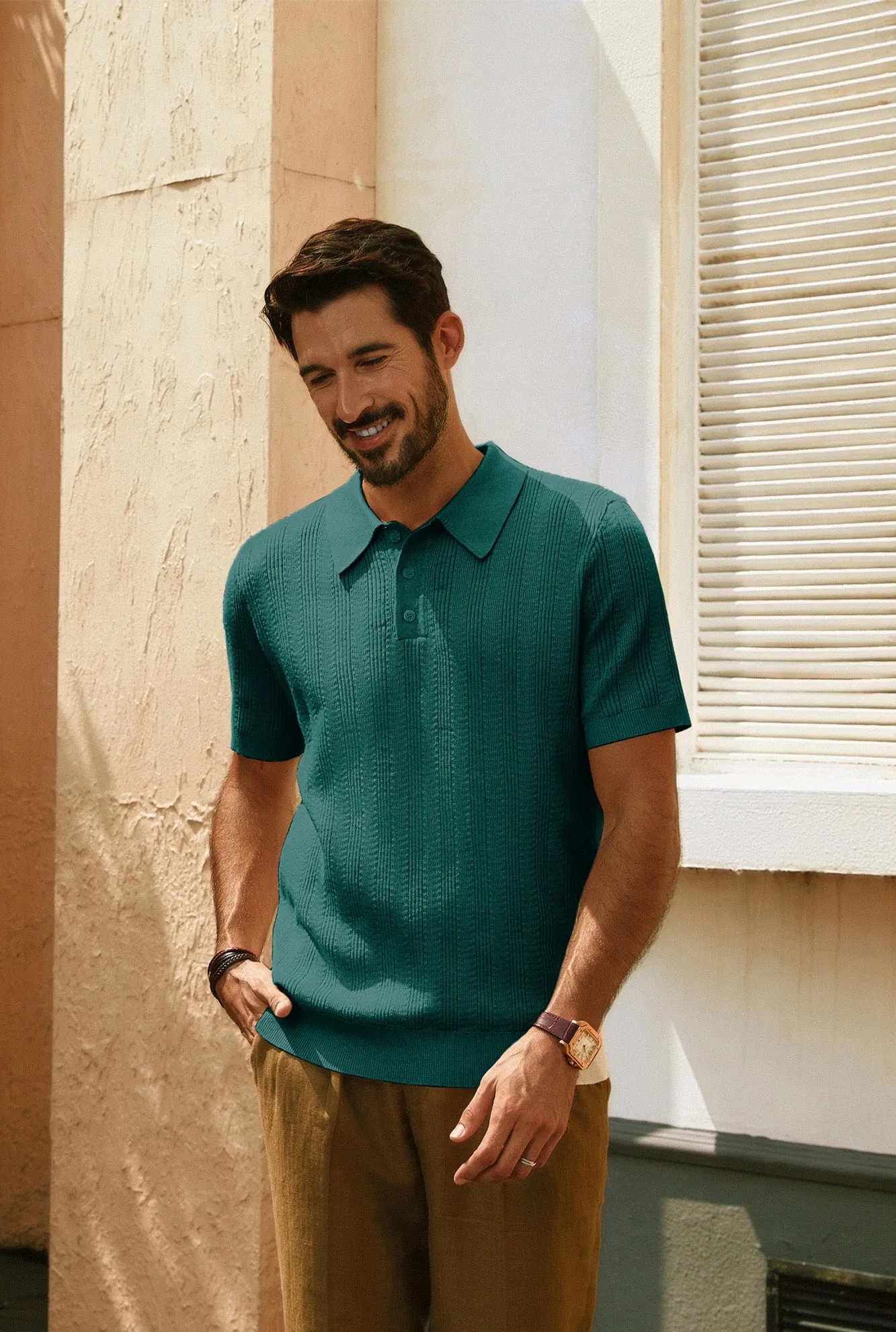 Men Textured Knitted Polo-Shirt Short Sleeve Lapel Collar Knitwear Tops