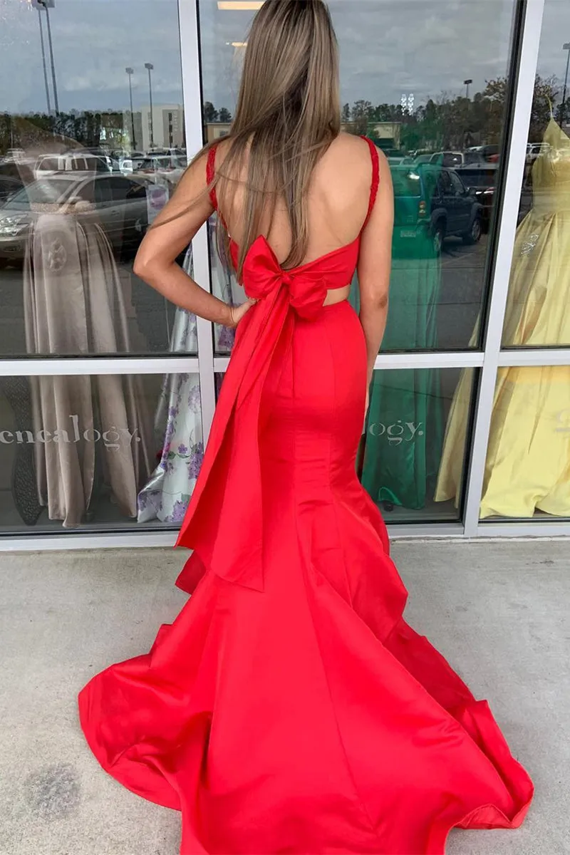 Mermaid Two Pieces Lace Red Long Prom Dresses, Two Piece Red Formal Dresses, Mermaid Red Evening Dresses