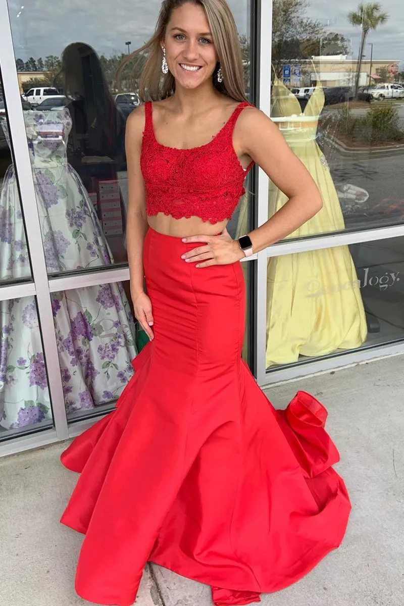 Mermaid Two Pieces Lace Red Long Prom Dresses, Two Piece Red Formal Dresses, Mermaid Red Evening Dresses