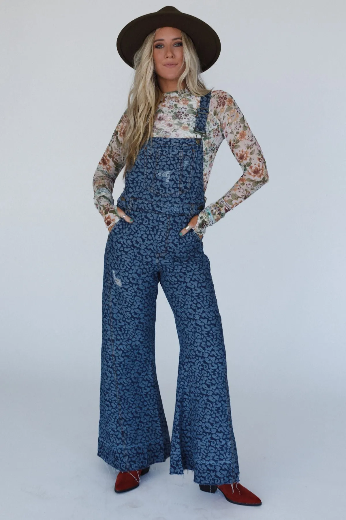 Milly Distressed Hem Wide Leg Overall - Blue Multi