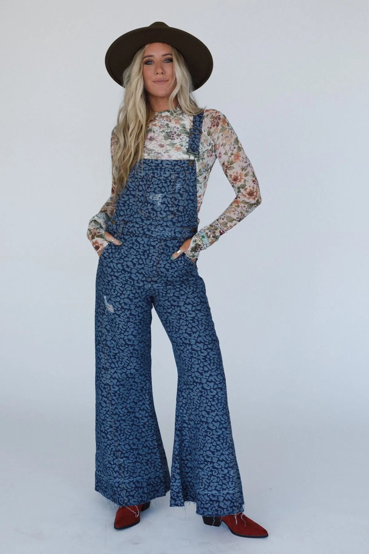 Milly Distressed Hem Wide Leg Overall - Blue Multi