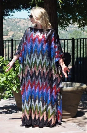 Multi Color Chevron Rainbow Sequin Party Dress Caftan Kimono One Size