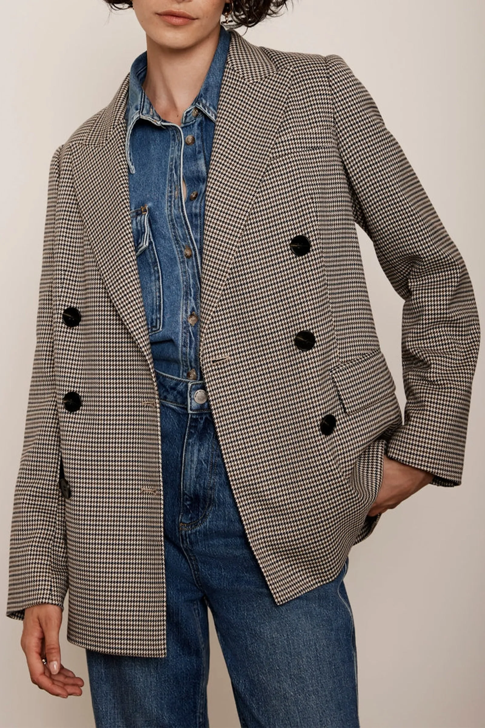 Neutral Checked Double Breasted Blazer