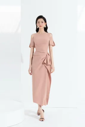 Nude open shoulder midi dress-BETH