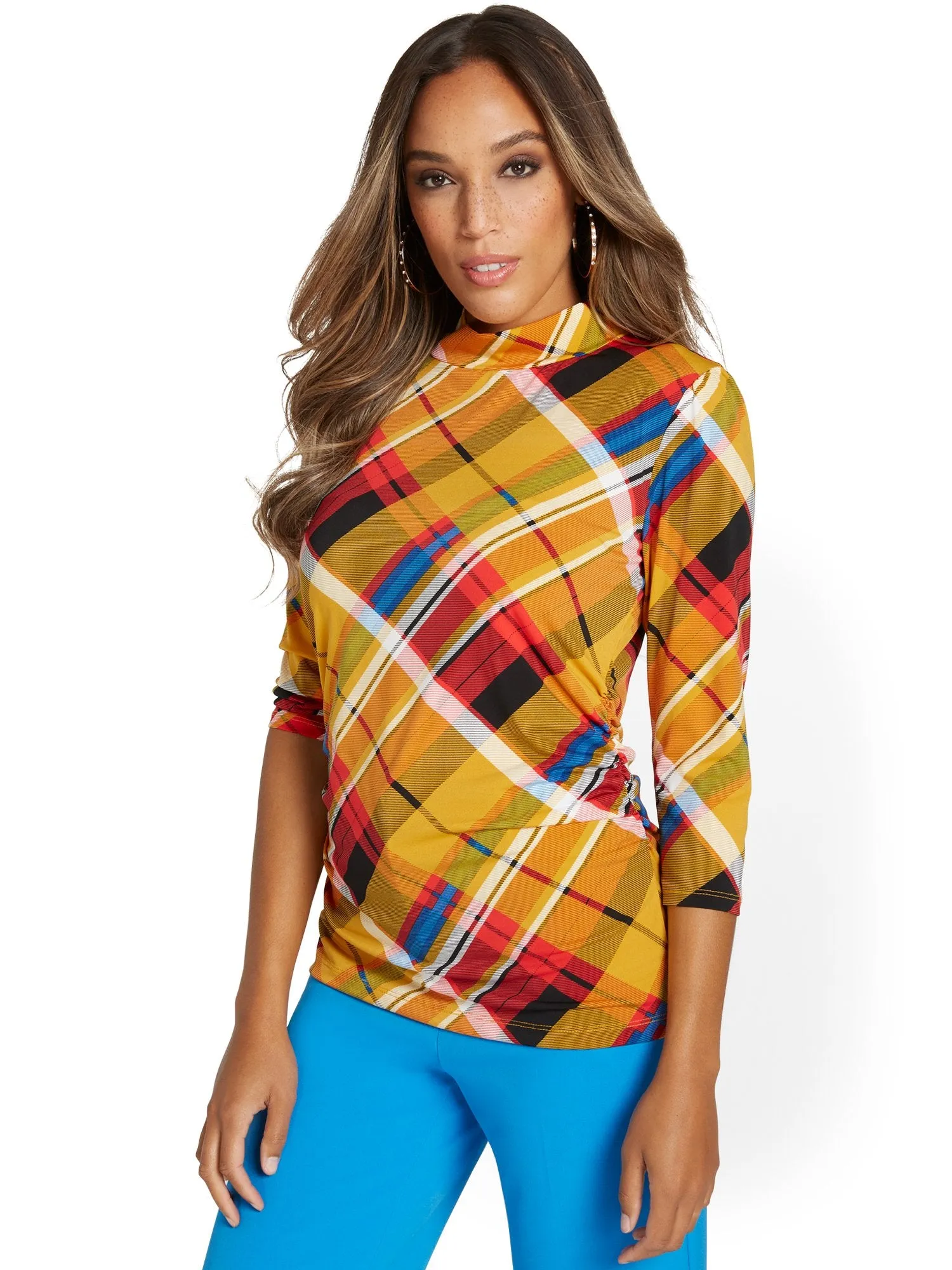 Plaid Mock-Neck Knit Top