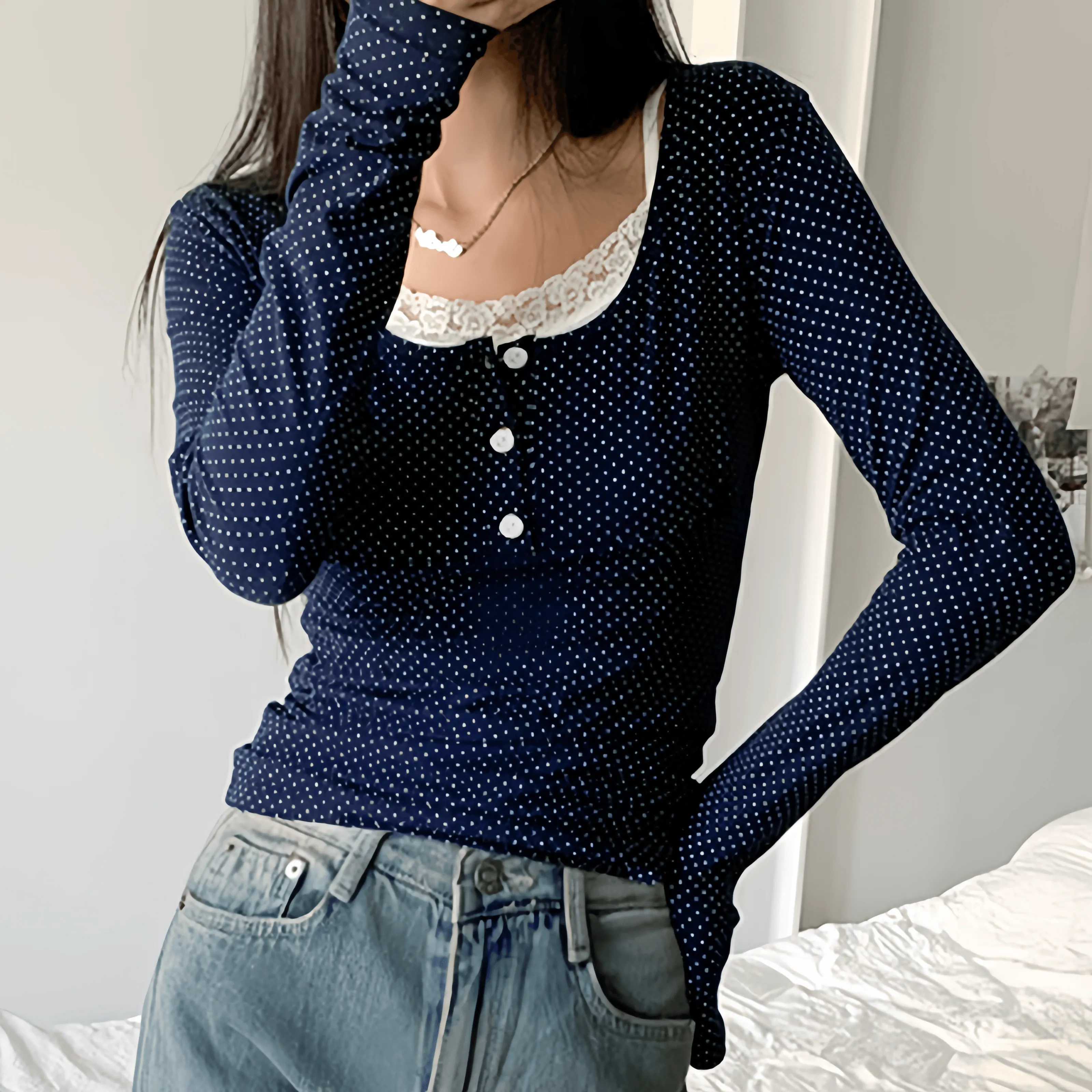 Polka Dot Double-Layer Long Sleeve Top