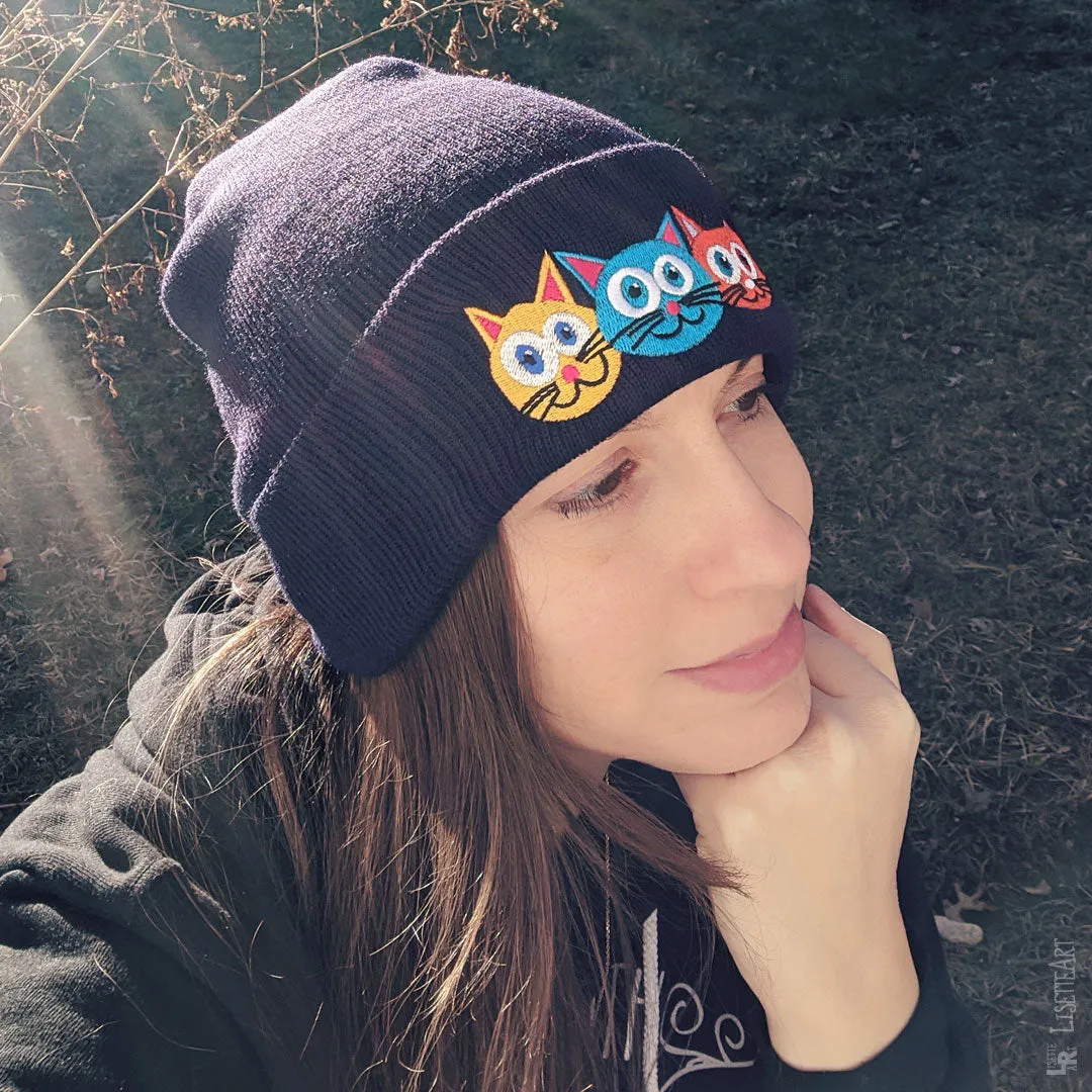 "Purrrballs!" Cuffed Beanie Whimsical Cats Hat