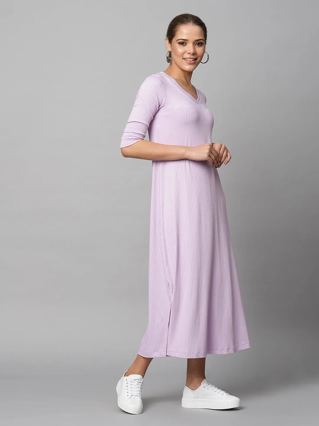 Ribbed Knit 3/4Th Sleeve Swing Midi Dress