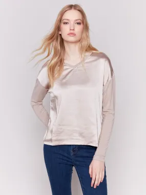 Satin and Jersey V-Neck Knit Top - Almond