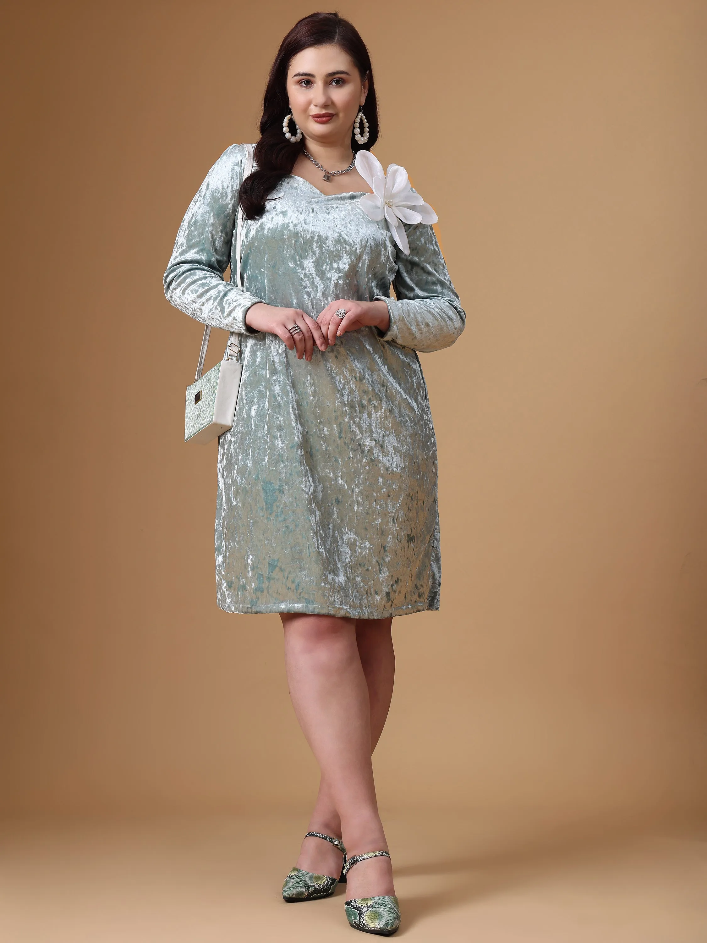 Sea Green Velvet Full Sleeve A-Line Dress