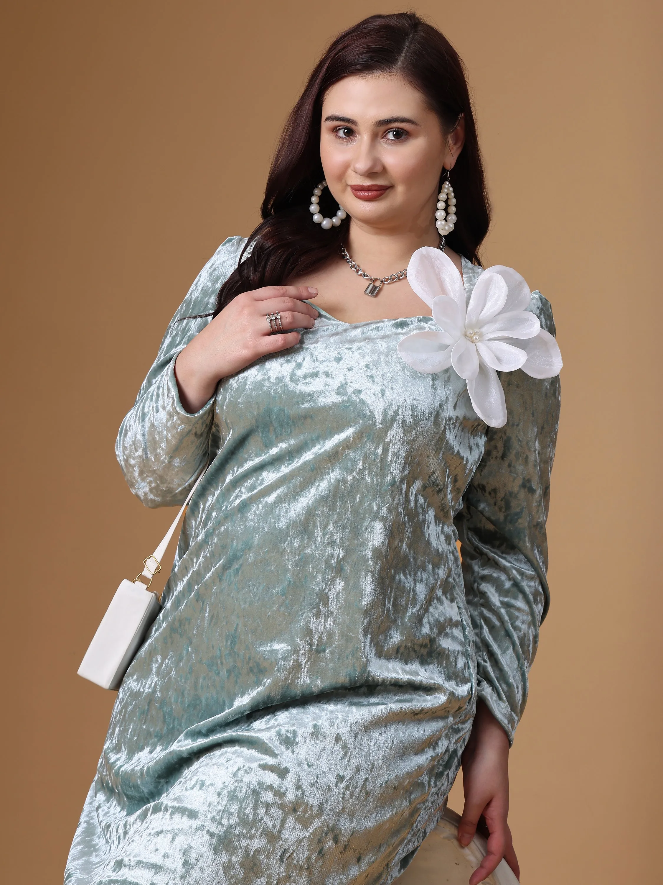 Sea Green Velvet Full Sleeve A-Line Dress