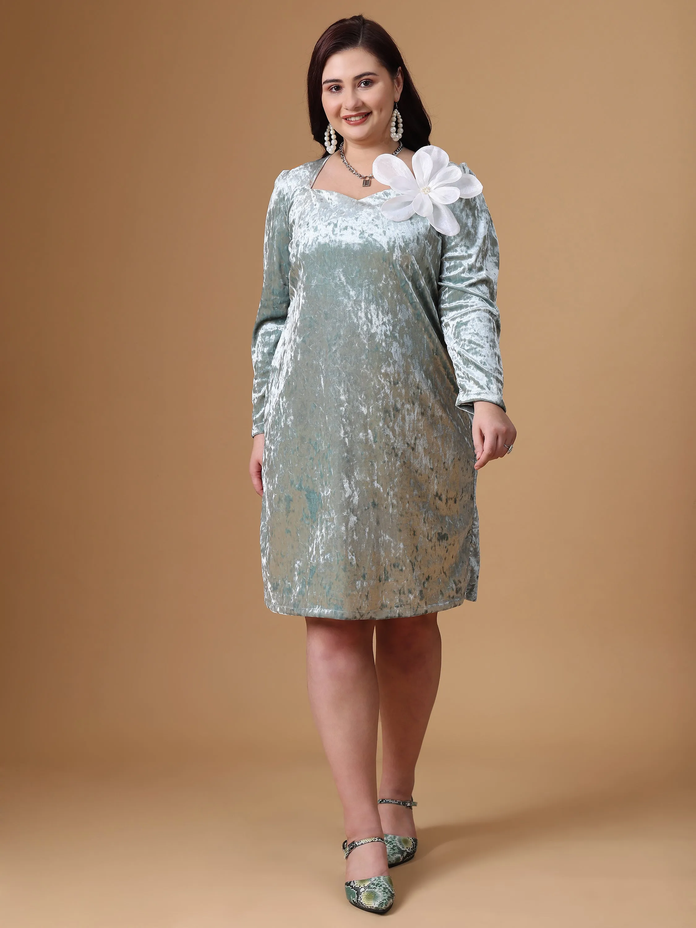 Sea Green Velvet Full Sleeve A-Line Dress