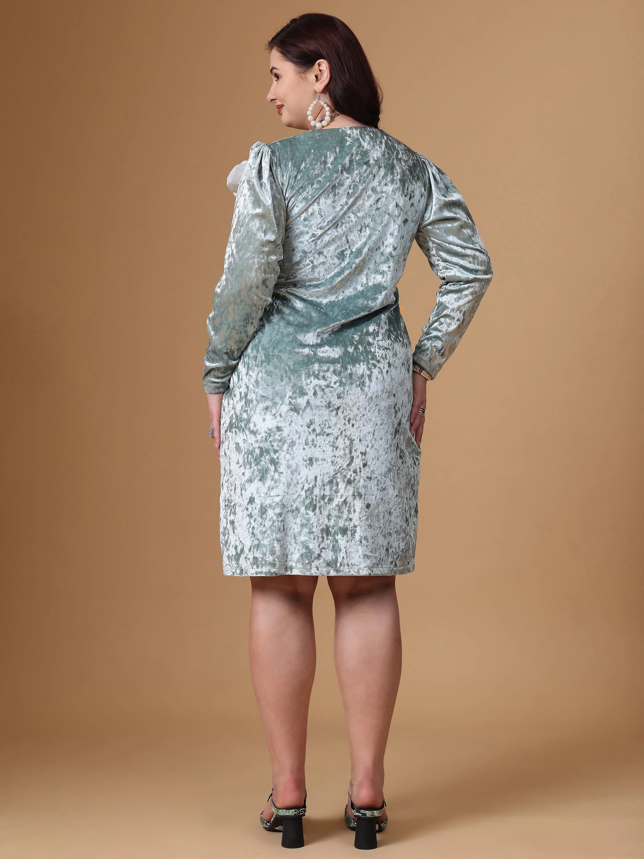 Sea Green Velvet Full Sleeve A-Line Dress