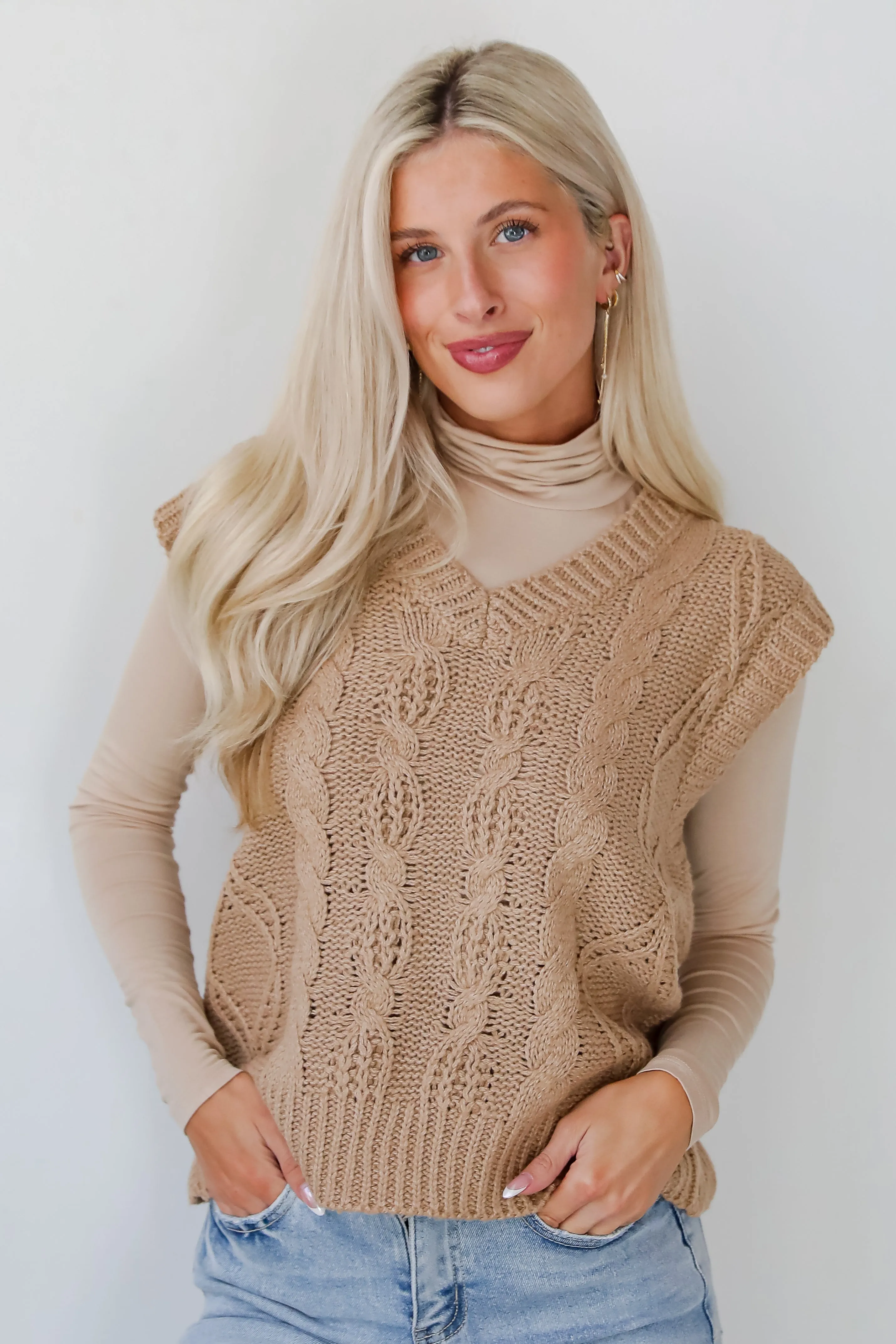 Sincerely Trendy Camel Cable Knit Sweater Vest - DOORBUSTER