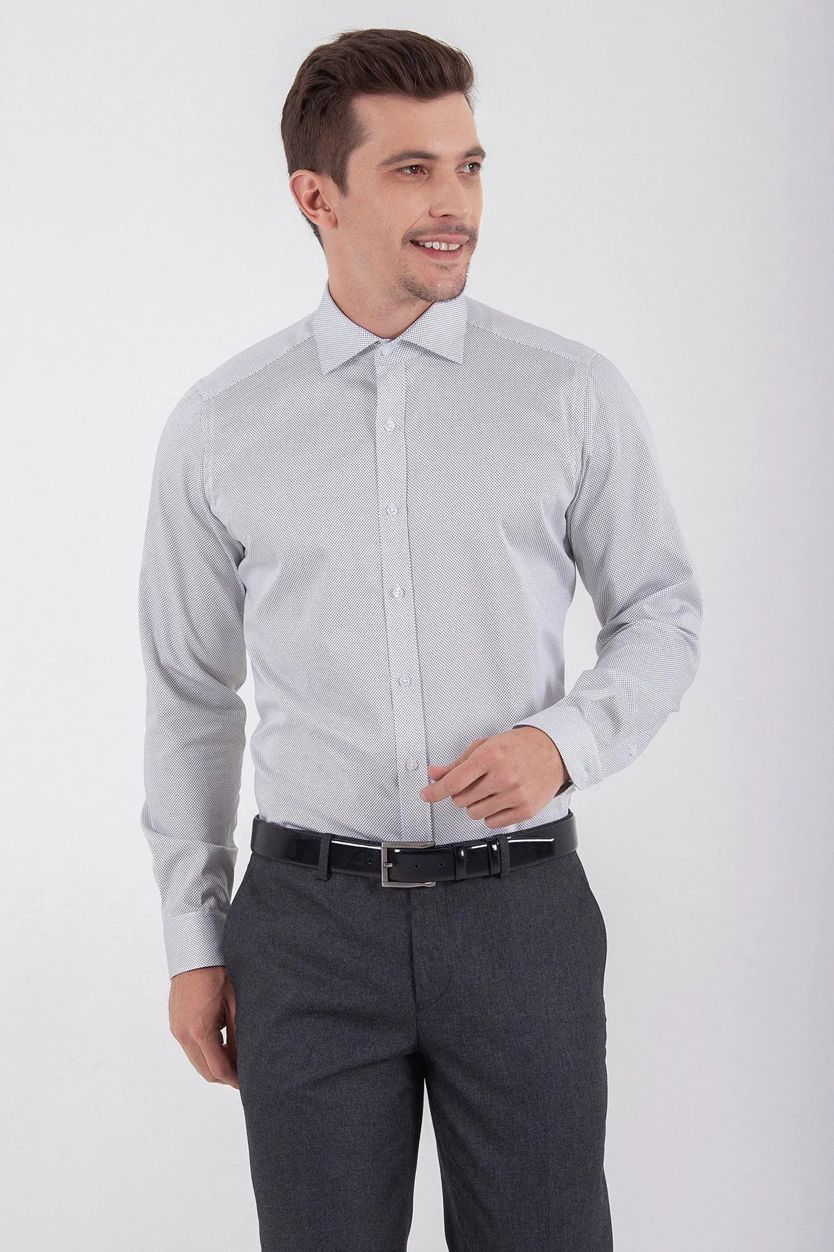 Slim Fit Dot Printed 100% Cotton Gray Dress Shirt