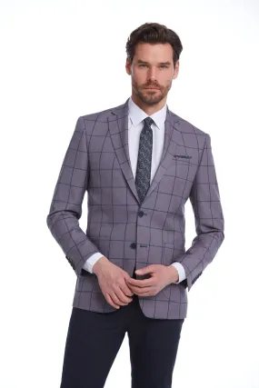 Slim Fit Notch Lapel Checked Brick Classic Blazer, Gray K.