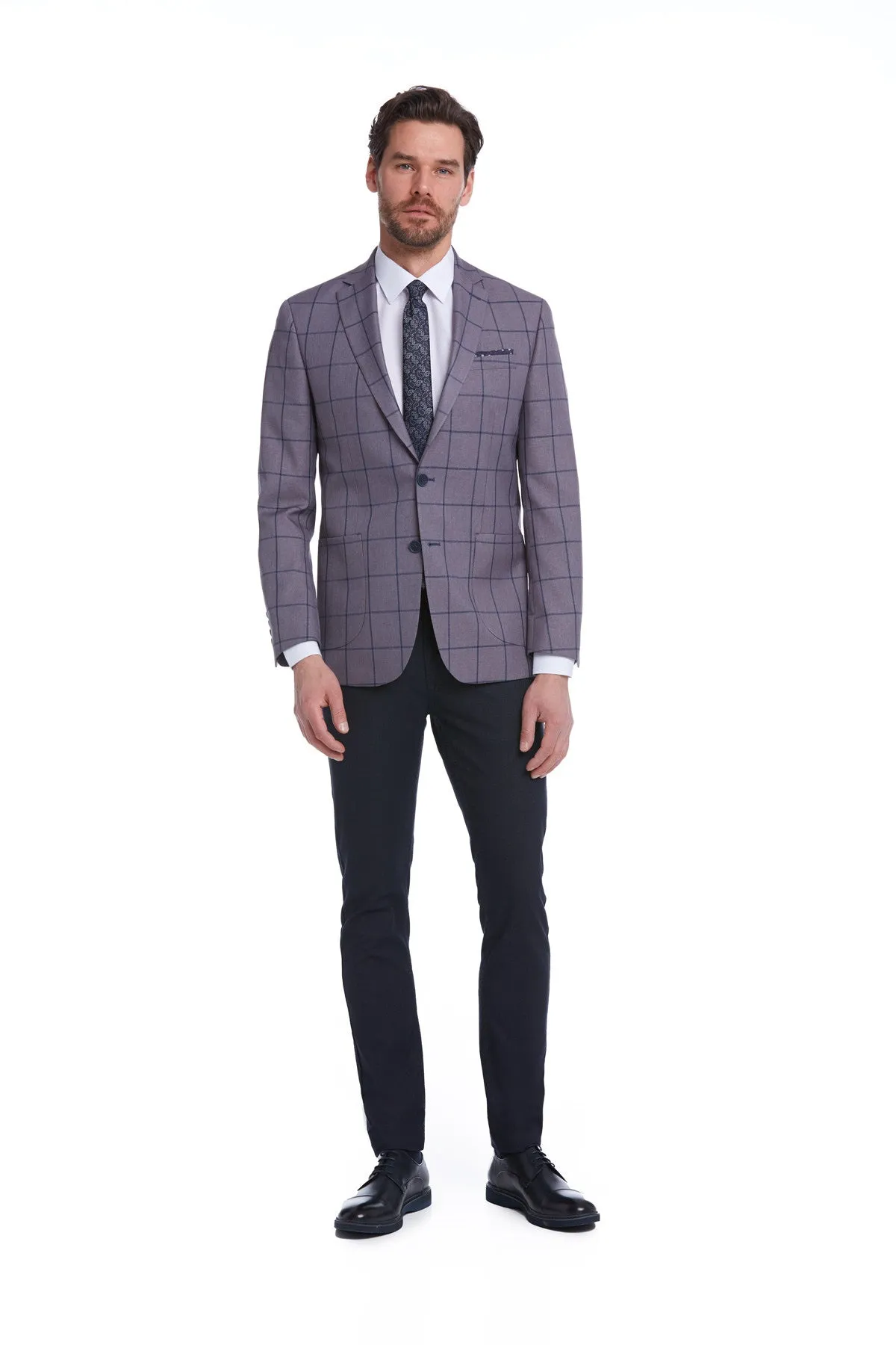 Slim Fit Notch Lapel Checked Brick Classic Blazer, Gray K.