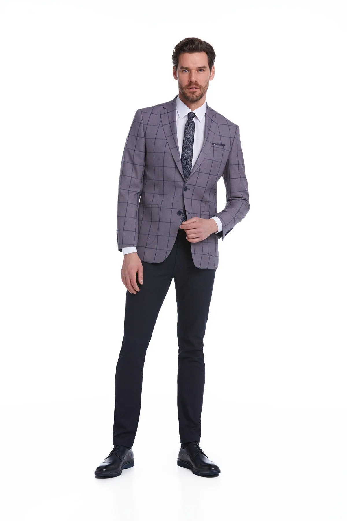 Slim Fit Notch Lapel Checked Brick Classic Blazer, Gray K.