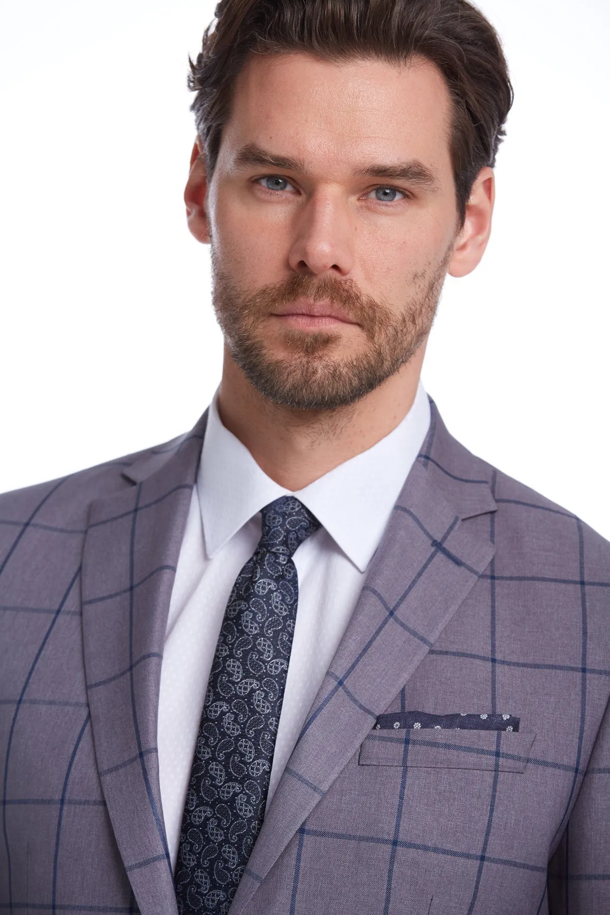 Slim Fit Notch Lapel Checked Brick Classic Blazer, Gray K.