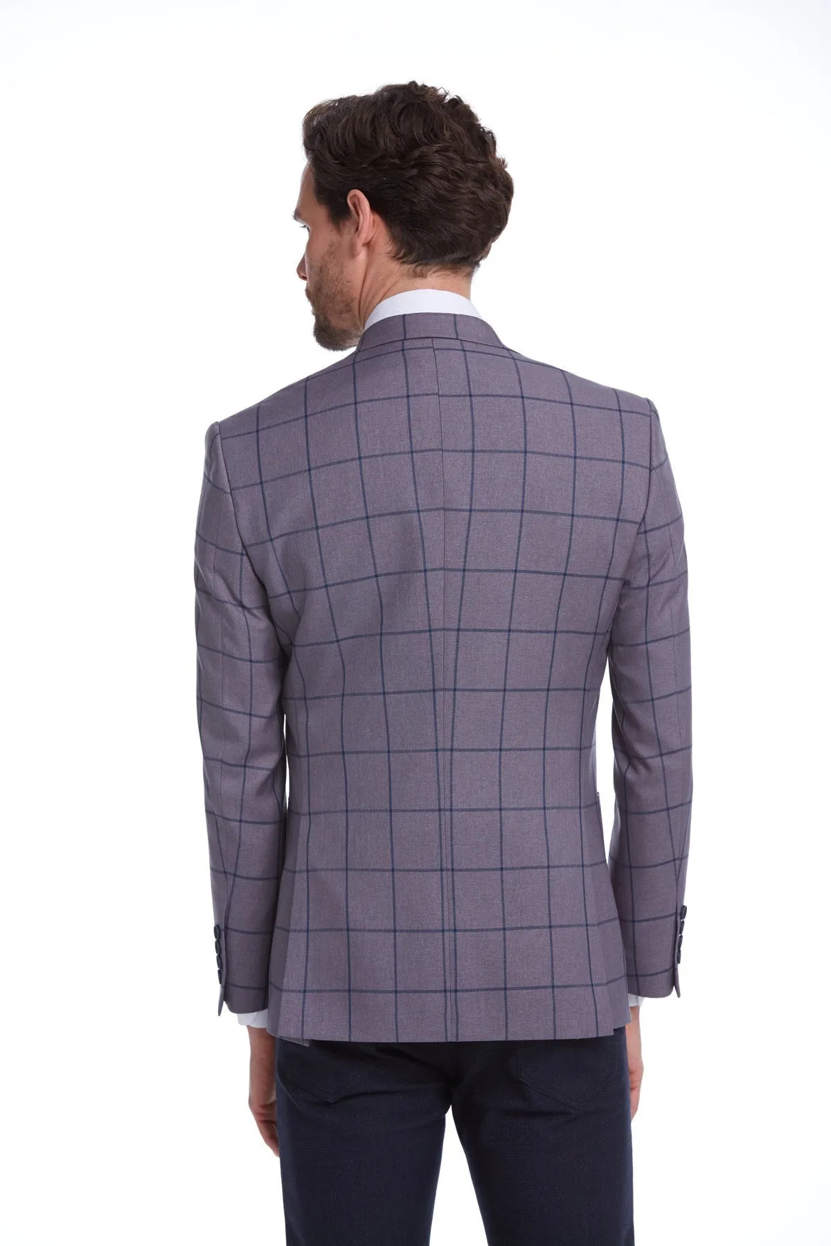 Slim Fit Notch Lapel Checked Brick Classic Blazer, Gray K.