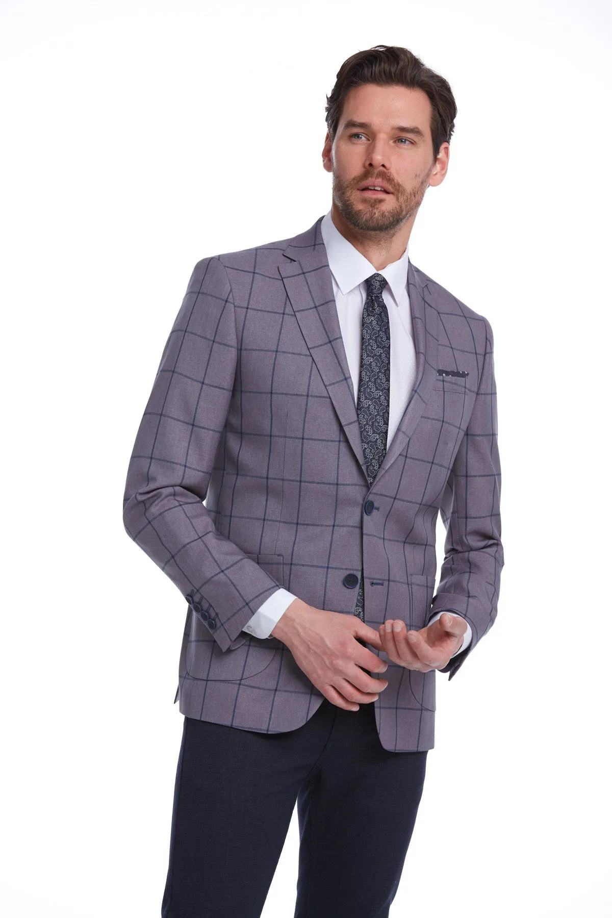 Slim Fit Notch Lapel Checked Brick Classic Blazer, Gray K.