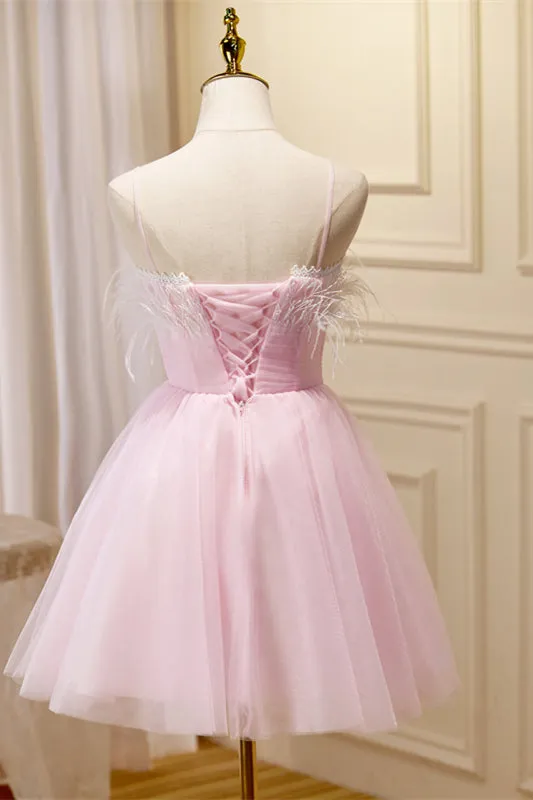 Straps Feather Pink Tulle Short Homecoming Dress