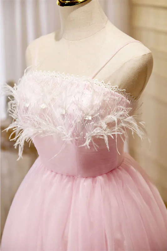 Straps Feather Pink Tulle Short Homecoming Dress