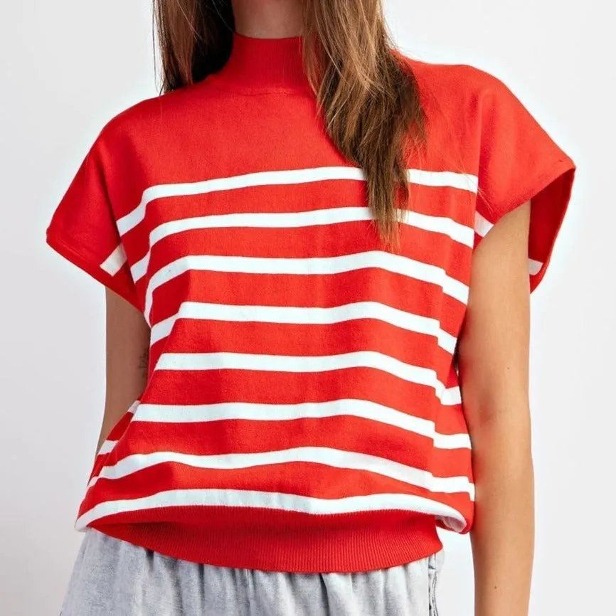 Striped Surprise Short Sleeve Mock Neck Sweater Top