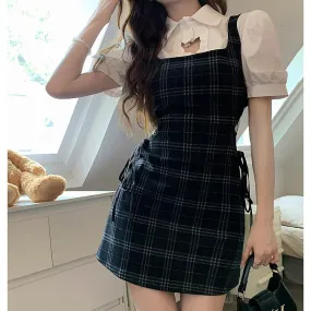 Sweet Love Heart Hollow Out Collar Shirt Lace Up Plaid Dress Two Piece Set