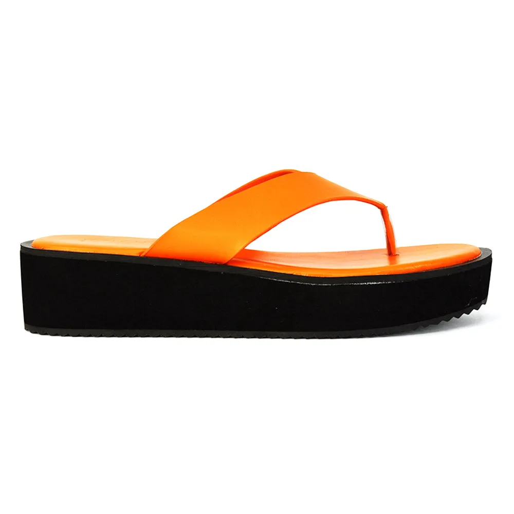 Tammi Thong Strap Flatform Flip Flop Sandal Slides in Orange Synthetic Leather