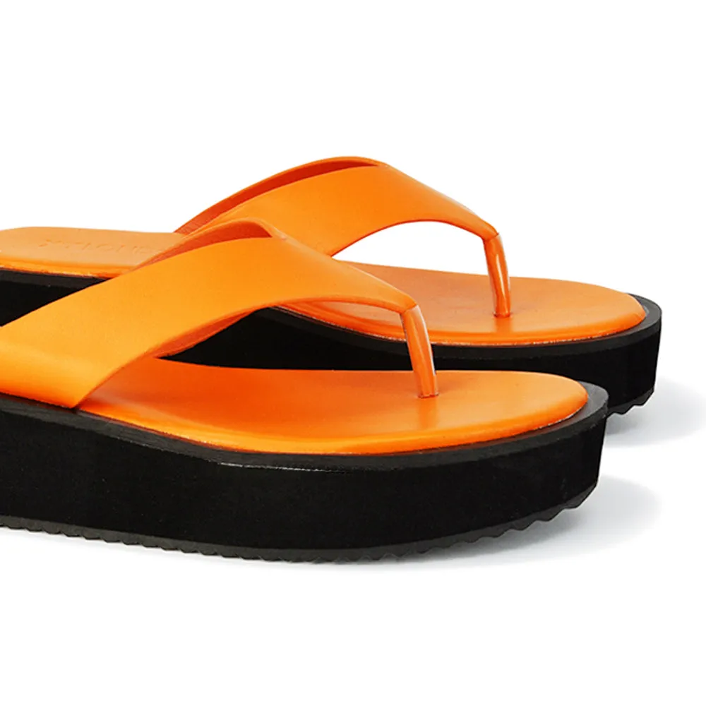 Tammi Thong Strap Flatform Flip Flop Sandal Slides in Orange Synthetic Leather