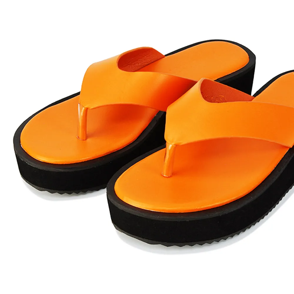 Tammi Thong Strap Flatform Flip Flop Sandal Slides in Orange Synthetic Leather