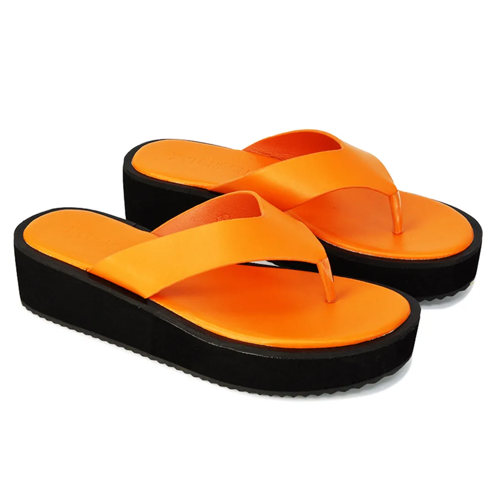 Tammi Thong Strap Flatform Flip Flop Sandal Slides in Orange Synthetic Leather