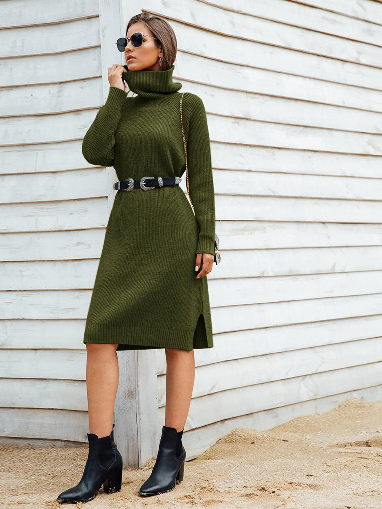 Turtleneck Ribbed Knit Jumper Dress Without Belt