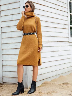 Turtleneck Ribbed Knit Jumper Dress Without Belt