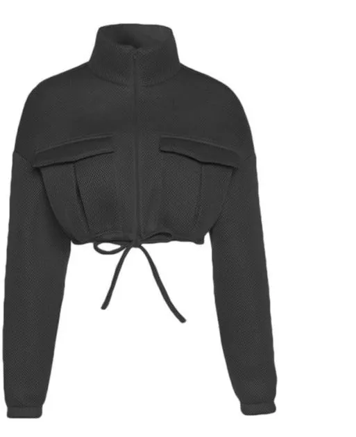 Turtleneck Zipper Pocket Crop Jacket With Drawstring