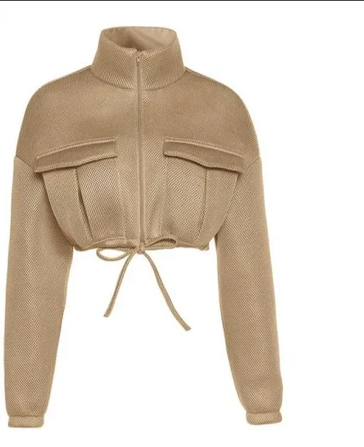 Turtleneck Zipper Pocket Crop Jacket With Drawstring