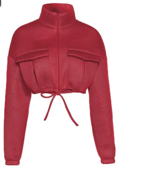 Turtleneck Zipper Pocket Crop Jacket With Drawstring