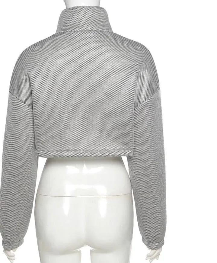 Turtleneck Zipper Pocket Crop Jacket With Drawstring