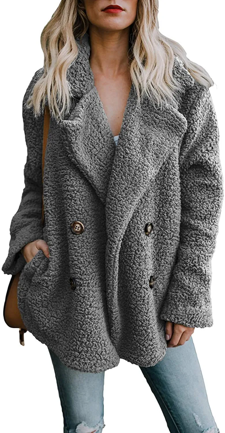 Winter Green Fleece Open Front Sherpa Coat with Pockets