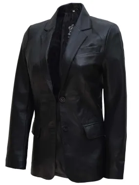 Women's Black Two Button Real Leather Blazer